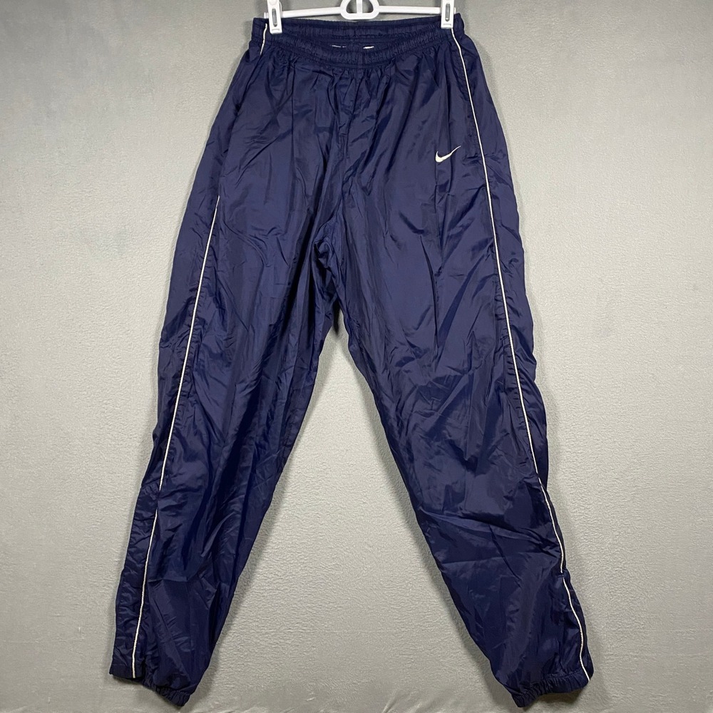 Vintage Nike Track Pants Mens Large Navy Blue Windbreaker Nylon Swoosh Piping